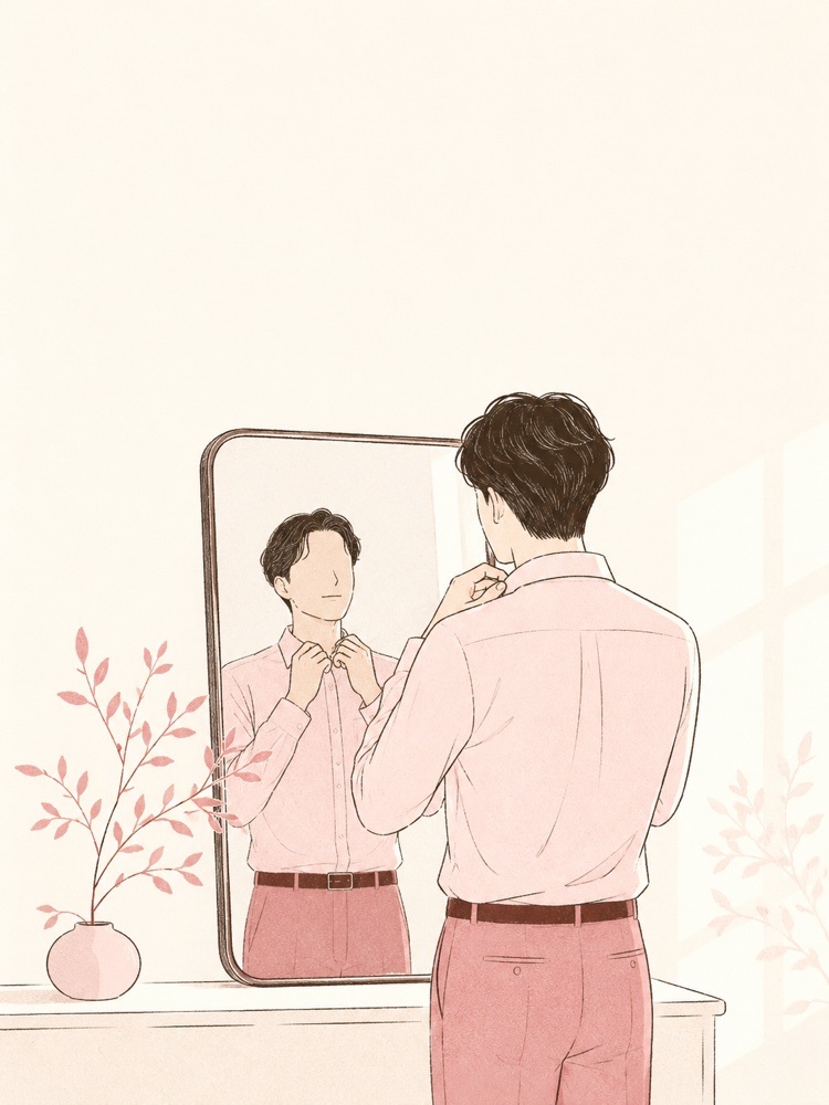鏡の前で身支度をする男性のイラスト