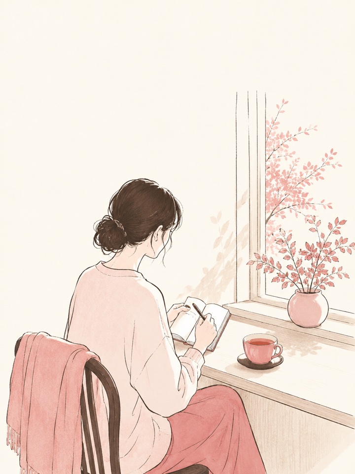 窓辺でノートに向かう女性のイラスト